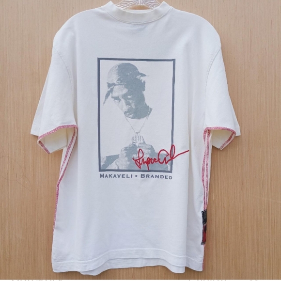 VTG Y2K Tupac Makaveli Beige Embroidered Hip Hop Streetwear Tee Shirt Size XL - Picture 3 of 8